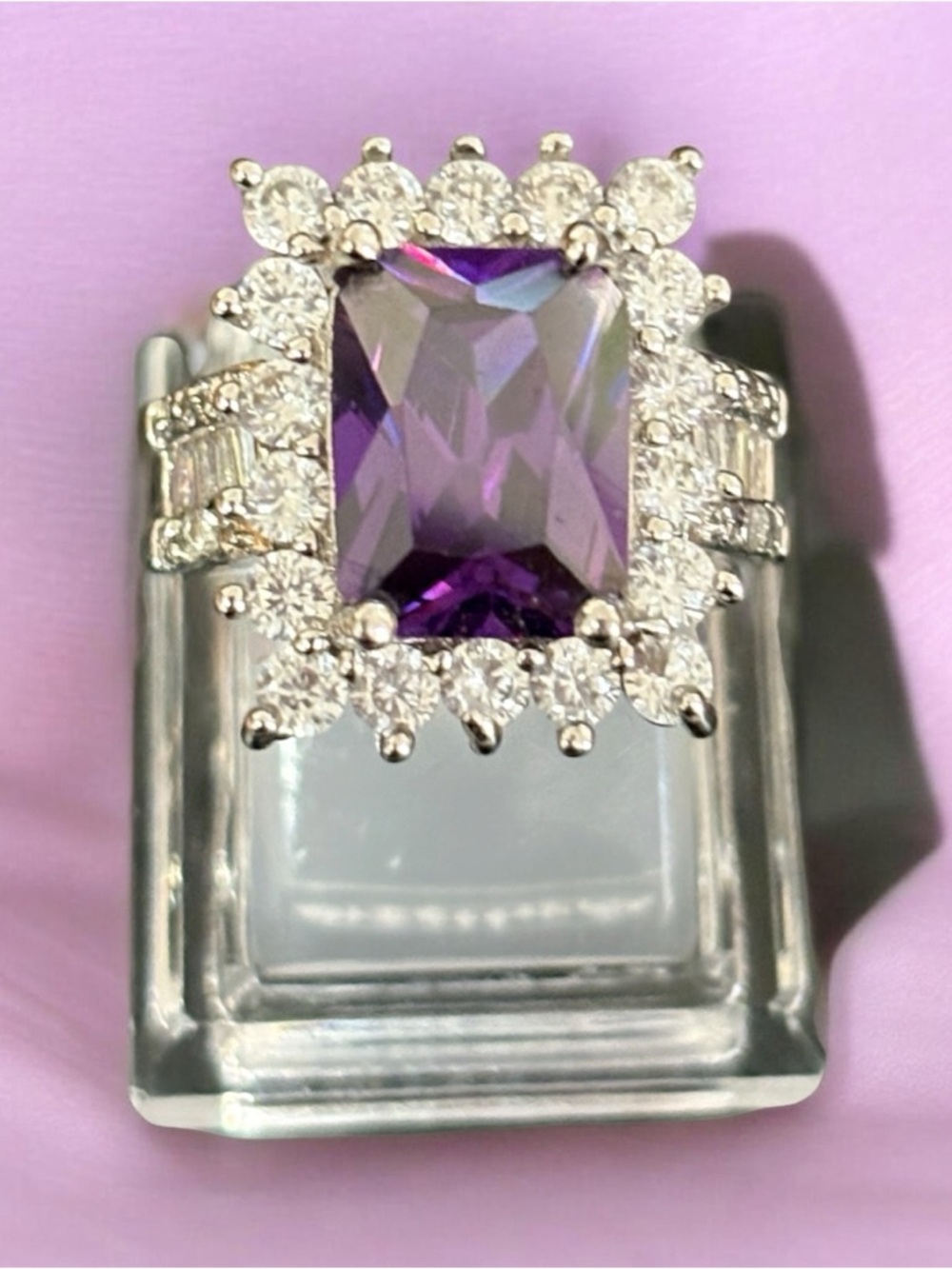 925 Amethyst Halo Ring with Cubic Zirconia Accents